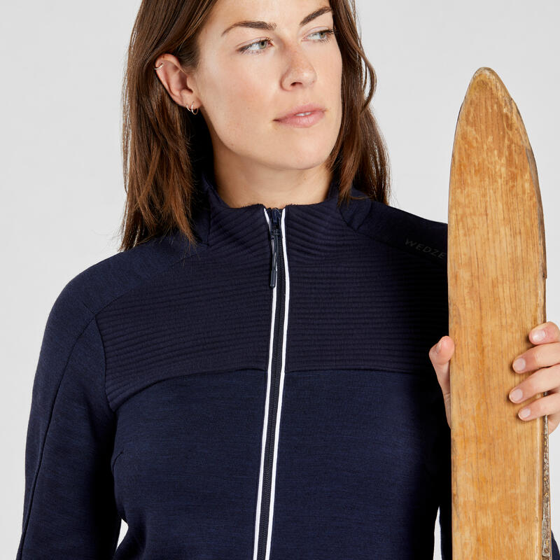 Pull zippé de ski laine mérinos Femme - 500 wool marine et blanc