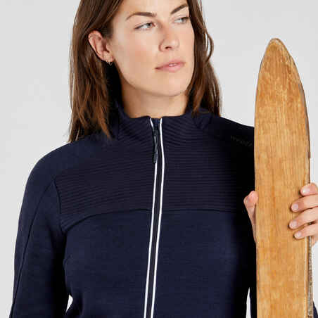 Γυναικείο μπουφάν για σκι από fleece και μαλλί μερινό 500 Warm - Σκούρο μπλε/λευκό