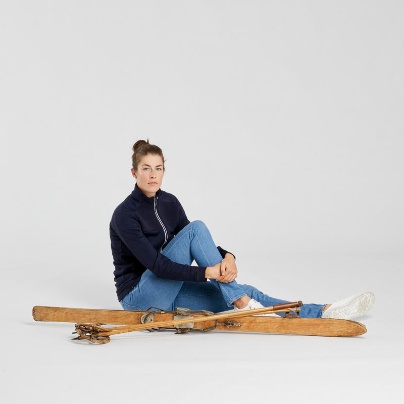 Casaco de ski em lã de merino quente e respirável mulher, 500 WARM azul marinho