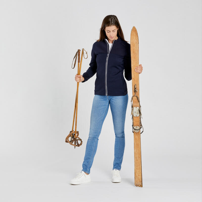 Pull zippé de ski laine mérinos Femme - 500 wool marine et blanc