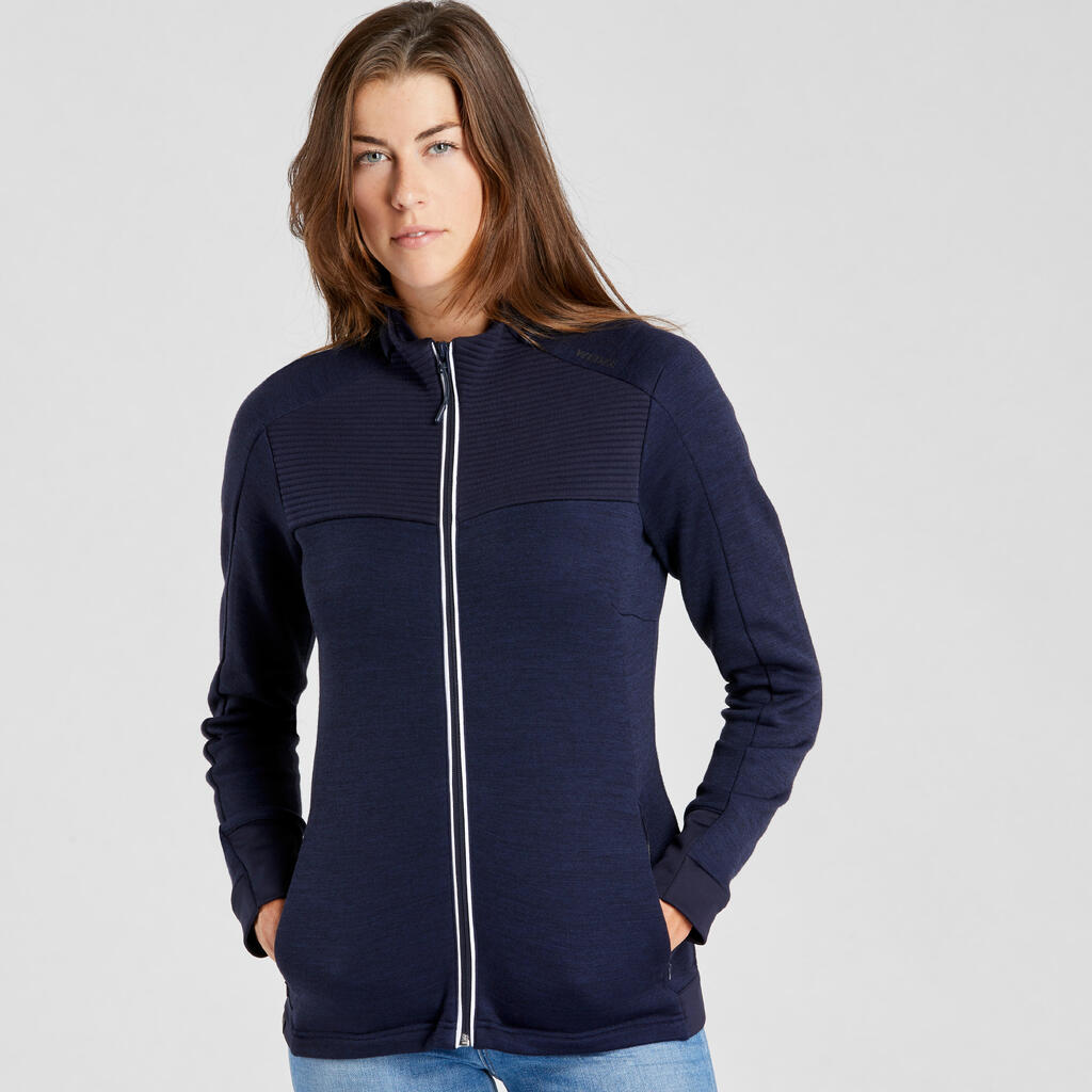 Sieviešu merīnvilnas flīsa slēpošanas jaka “500 Warm”, tumši zila/balta