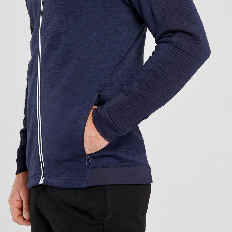 Pull zippé de ski laine mérinos Homme - 500 wool marine et blanc