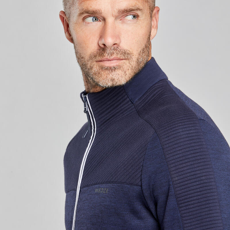 Warme en ademende merino midlayer voor skiën heren 500 WARM blauw en wit