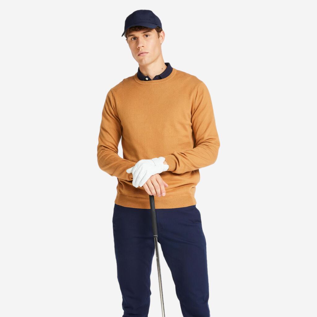 Pánsky golfový pulóver MW500 s okrúhlym výstrihom orieškovohnedý