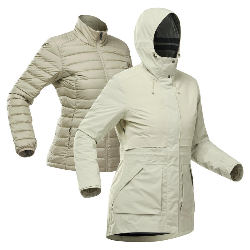 Women's waterproof 3in1 Travel trekking jacket - Travel 900 compact -10° - Beige