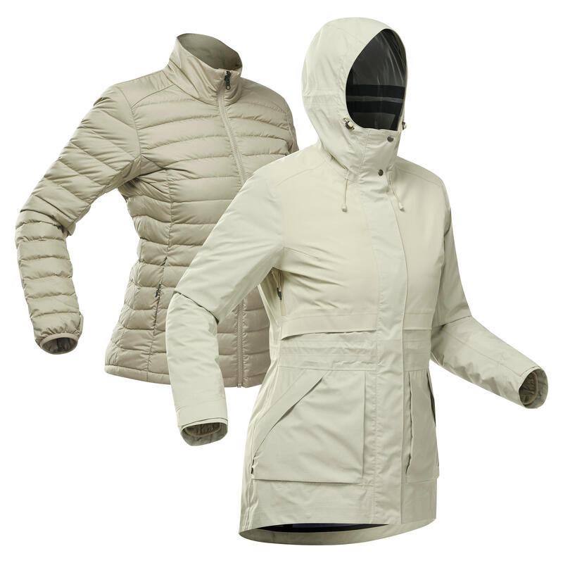 Veste 3en1 imperméable de trek voyage - Travel 900 compact -10° - Beige - Femme