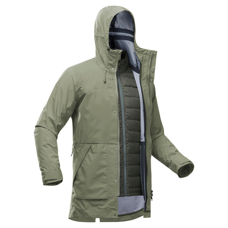 Veste 3en1 imperméable de trek voyage - TRAVEL 900 COMPACT -10°C kaki - homme