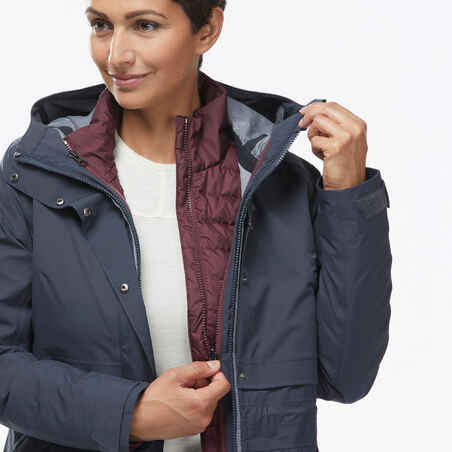 Women's waterproof 3in1 Travel trekking jacket - Travel 500 down  -10° - Navy