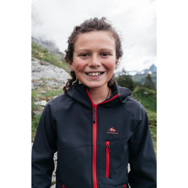 VESTE SOFTSHELL RANDONNEE - MH550 NOIRE ROUGE - ENFANT 7-15 ANS