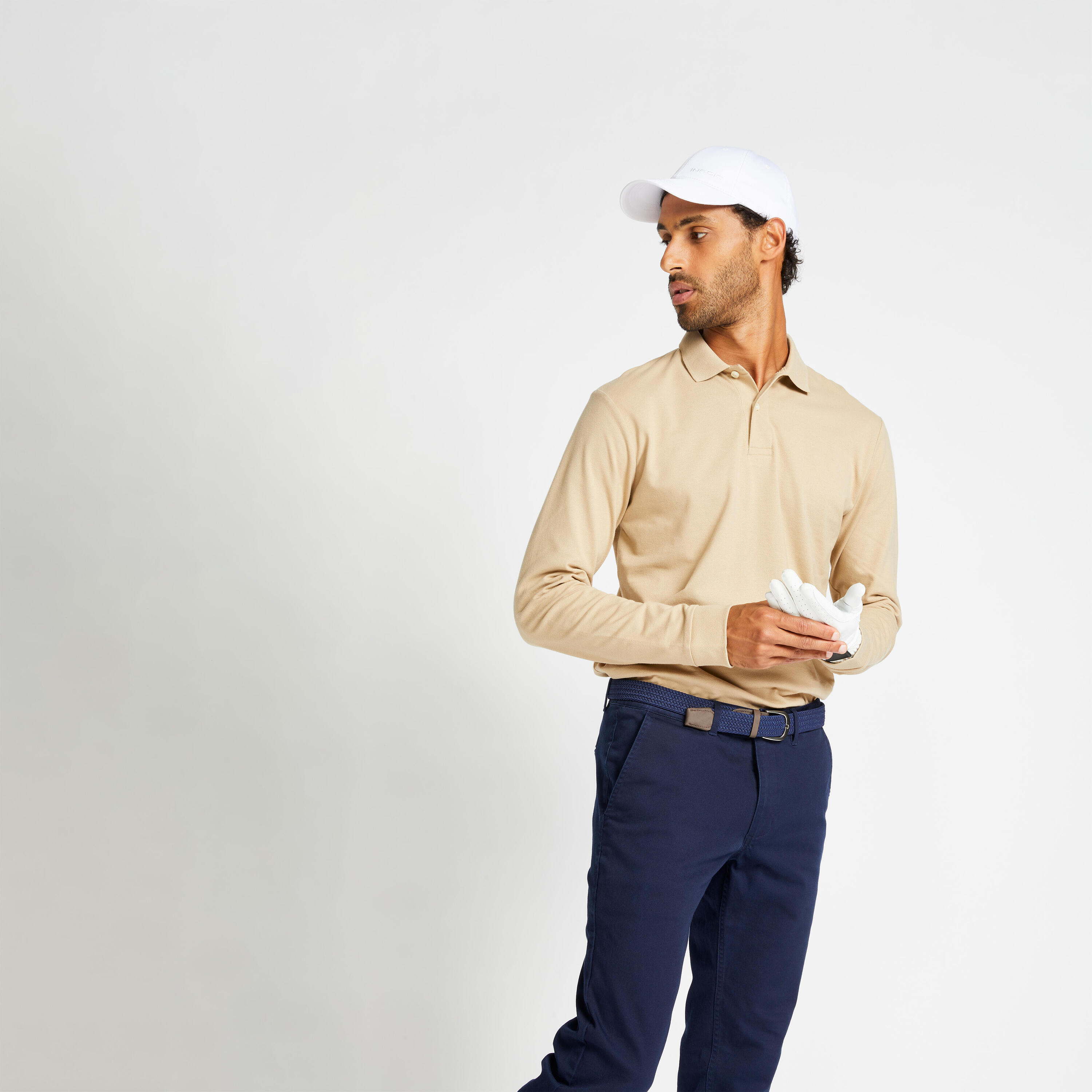 INESIS MEN'S GOLF LONG-SLEEVED POLO SHIRT - MW500 BEIGE