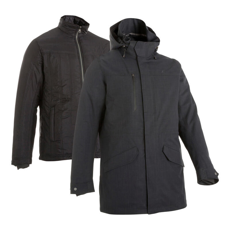 Férfi kabát túrázáshoz TRAVEL 700, 3 az 1-ben, vízhatlan, -15 °C-ig, fekete