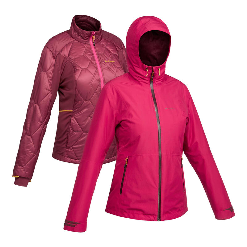 Waterdichte 3-in-1 jas voor backpacken dames comfort -8°C Travel 500 roze