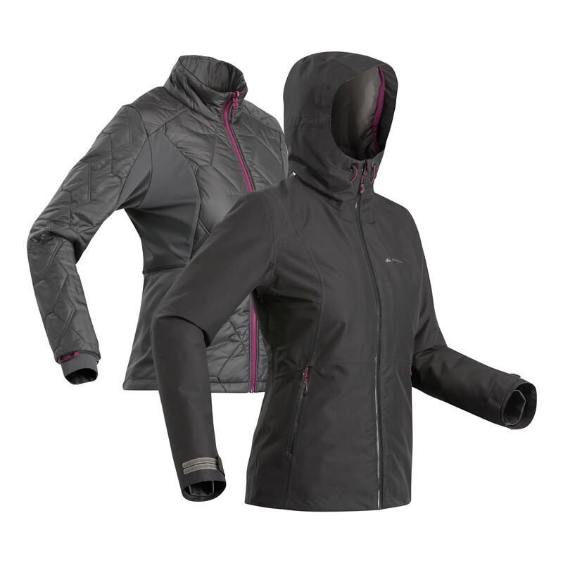 Női kabát túrázáshoz 3 az 1-ben TRAVEL 500, -8 °C komforthőmérséklet, fekete