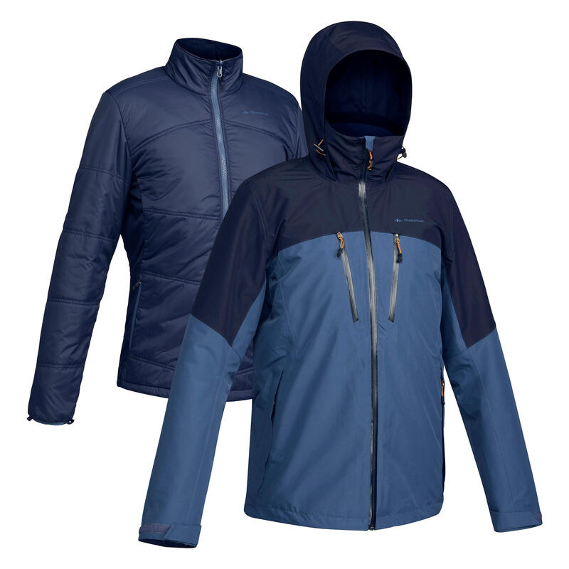 Férfi kabát túrázáshoz TRAVEL 500, 3 az 1-ben, vízhatlan, -10 °C-ig, kék