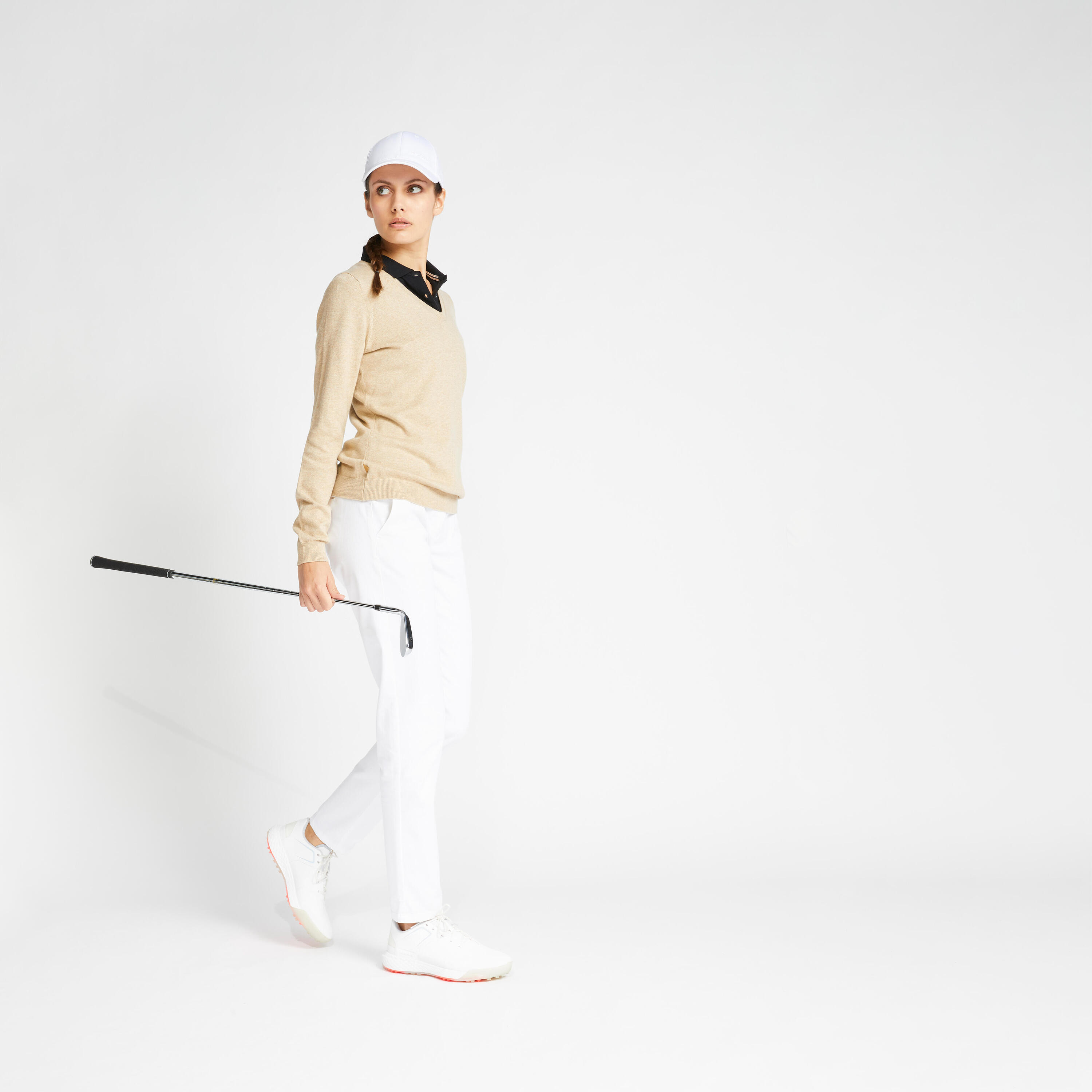 Camisola de Golf MW500 Mulher Gola V Bege 3/11