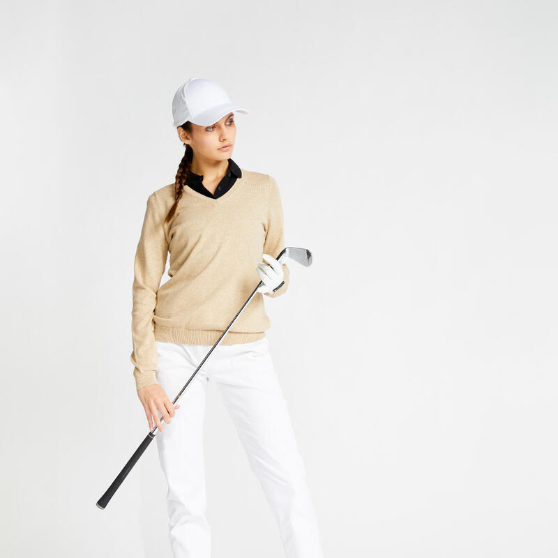 Camisola de Golf MW500 Mulher Gola V Bege