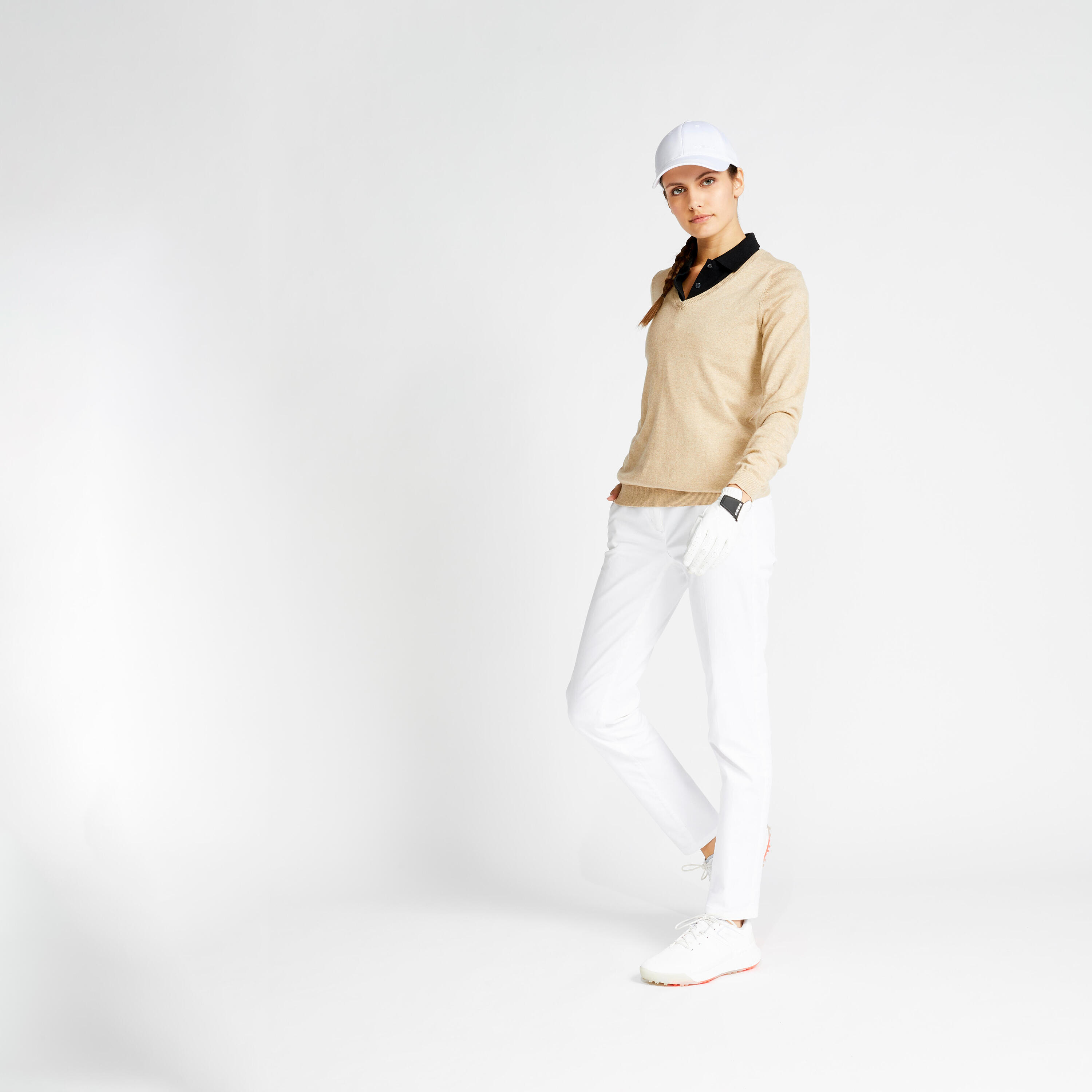 Camisola de Golf MW500 Mulher Gola V Bege 5/11