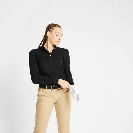 Črna ženska polo majica z dolgimi rokavi za golf MW500
