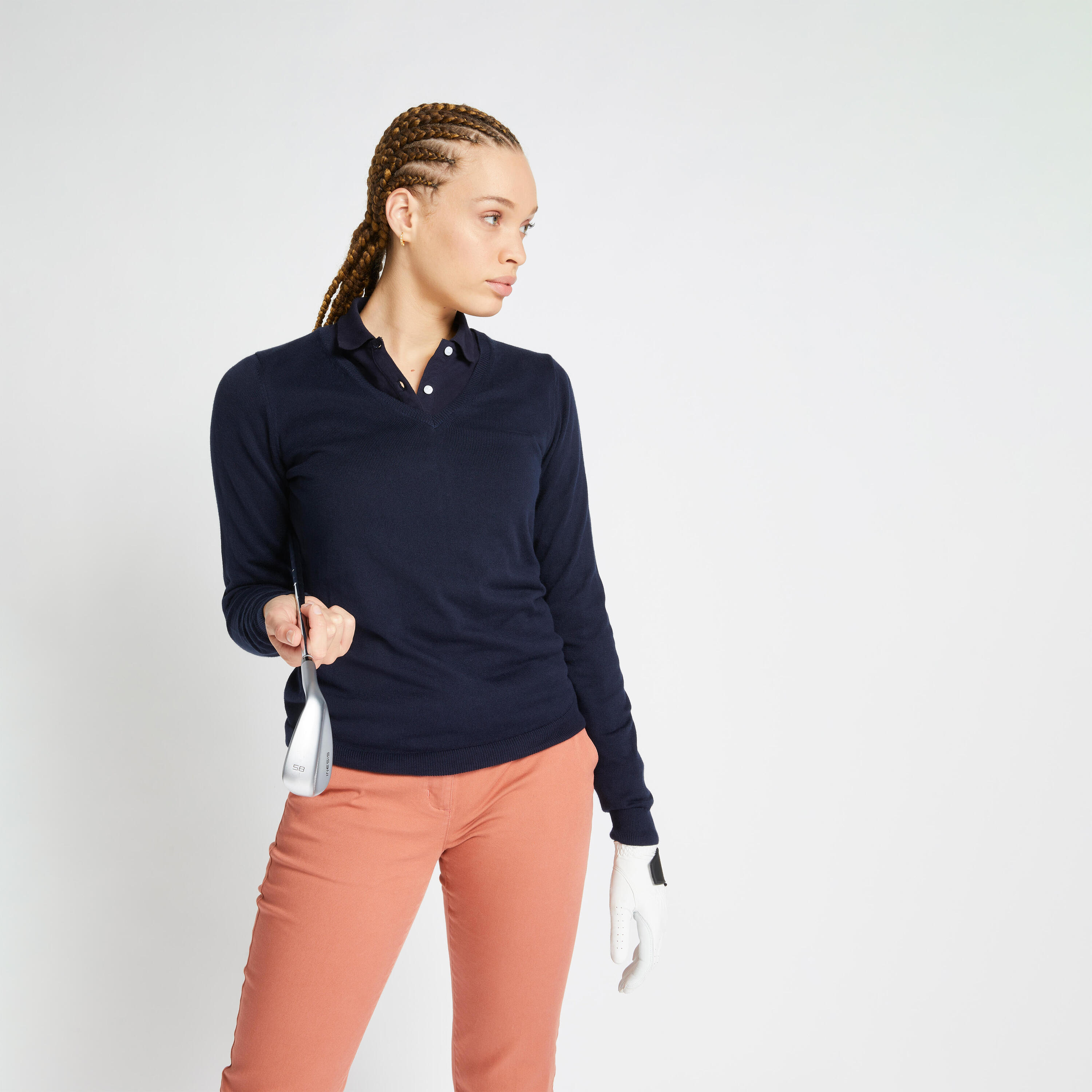 Suéter de golf con cuello V azul marino para mujer MW500 4/13