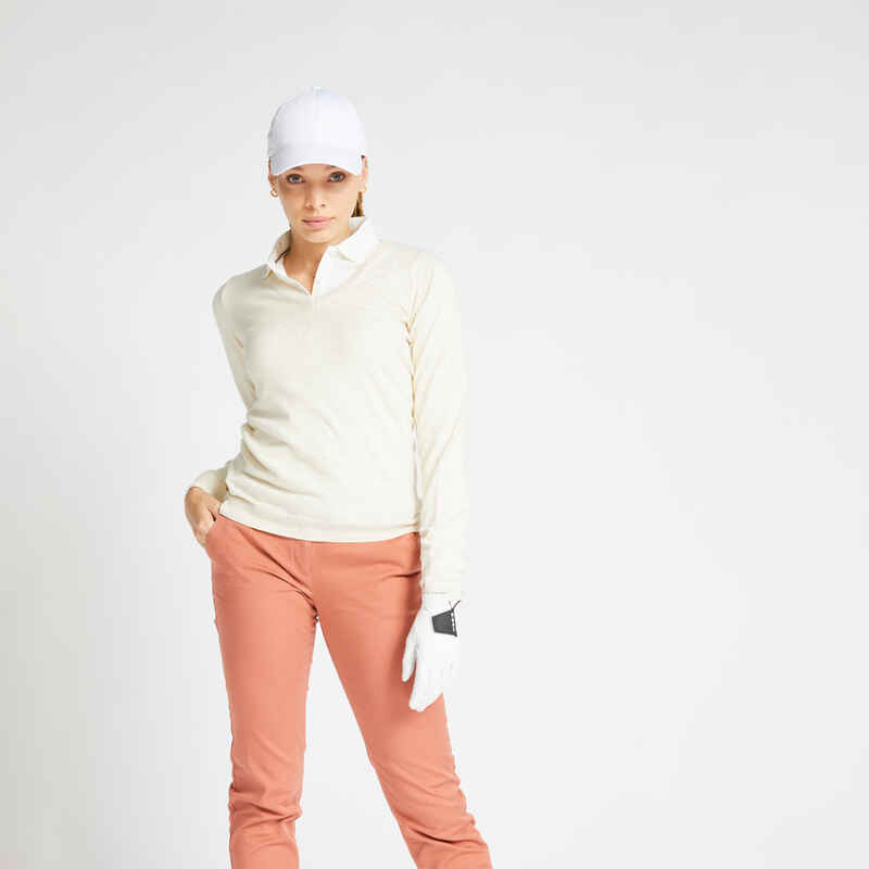 Moteriškas golfo džemperis V formos apykakle „MW500“, kreminės spalvos