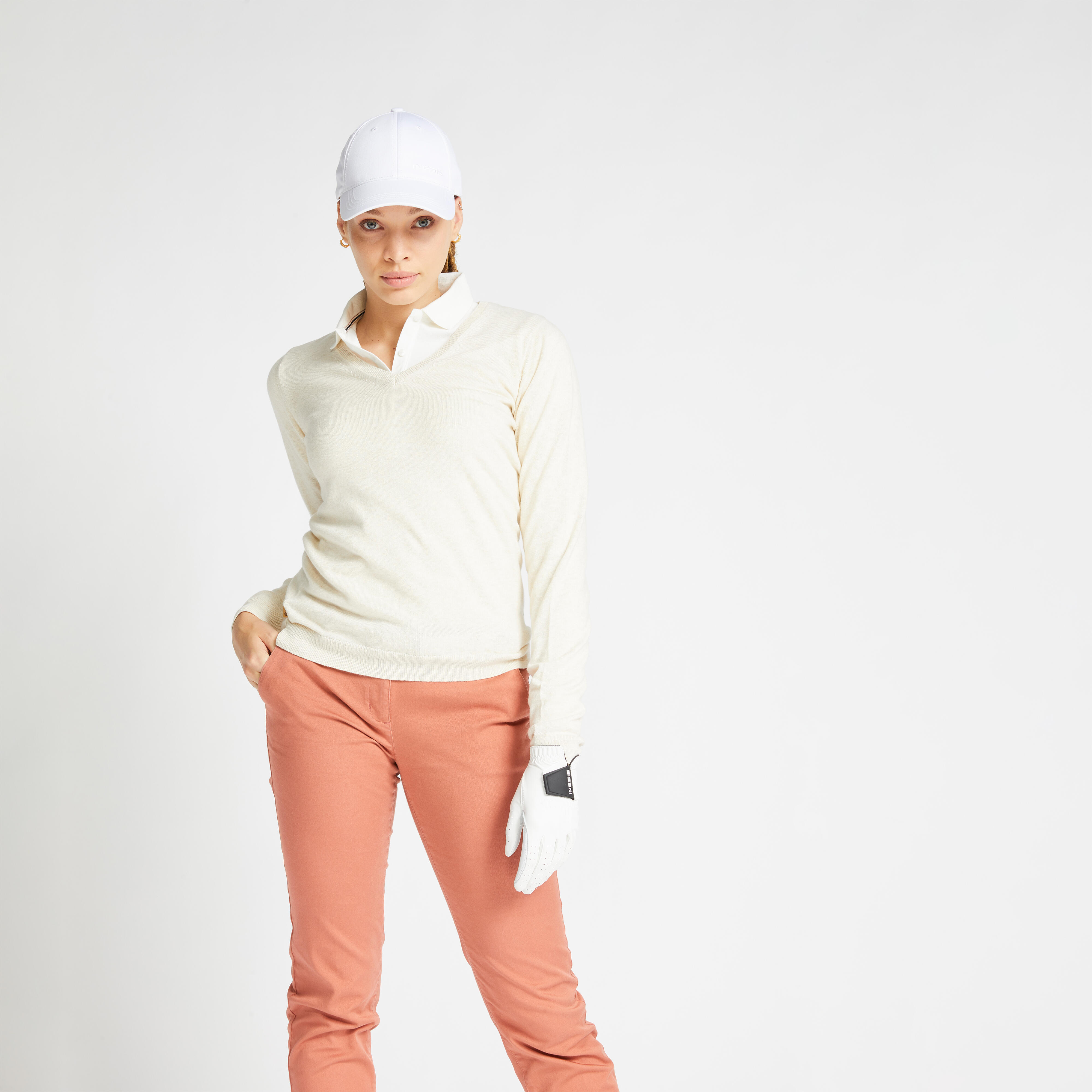 Women's V-neck golf sweater MW500 ecru