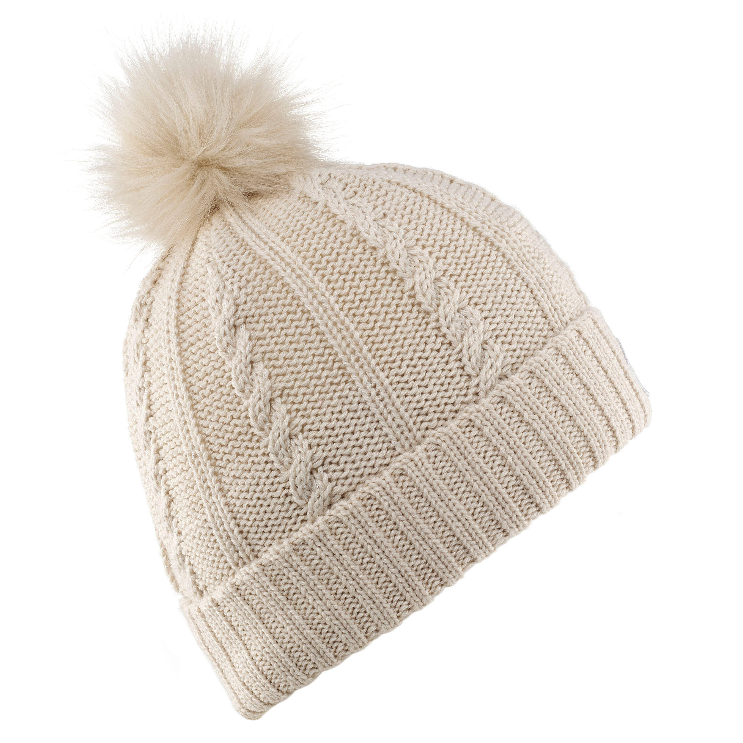 WOMEN’S CABLE-KNIT FUR WOOL SKI HAT BEIGE -  1
