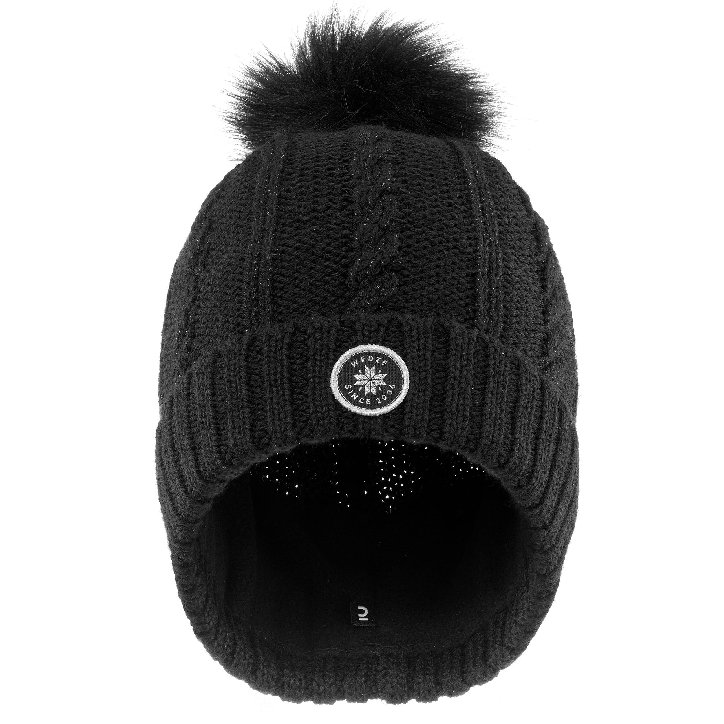 Women's Ski Cable-Knit Faux-Fur Wool Hat - Black - WEDZE