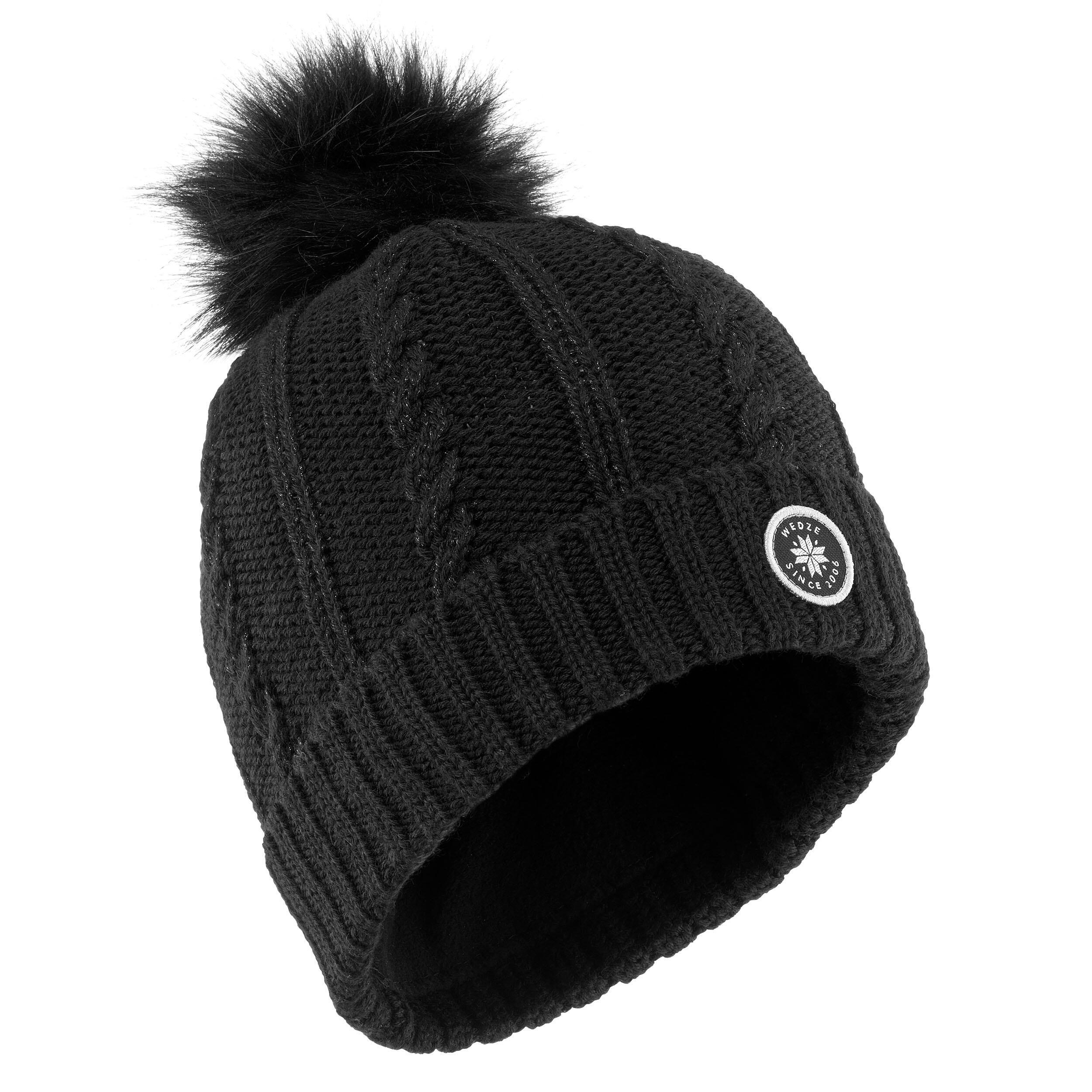 Image of Women's Ski Cable-Knit Faux-Fur Wool Hat - Black