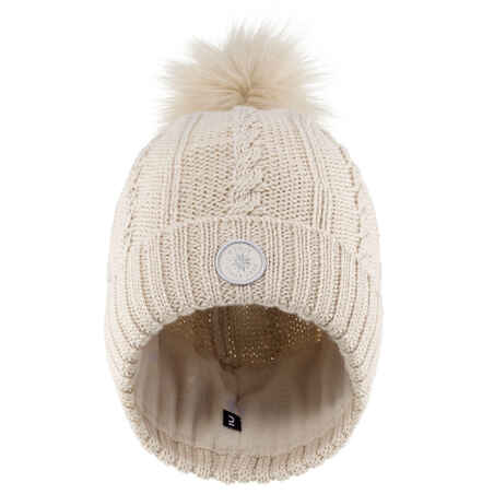 WOMEN’S CABLE-KNIT FUR WOOL SKI HAT BEIGE