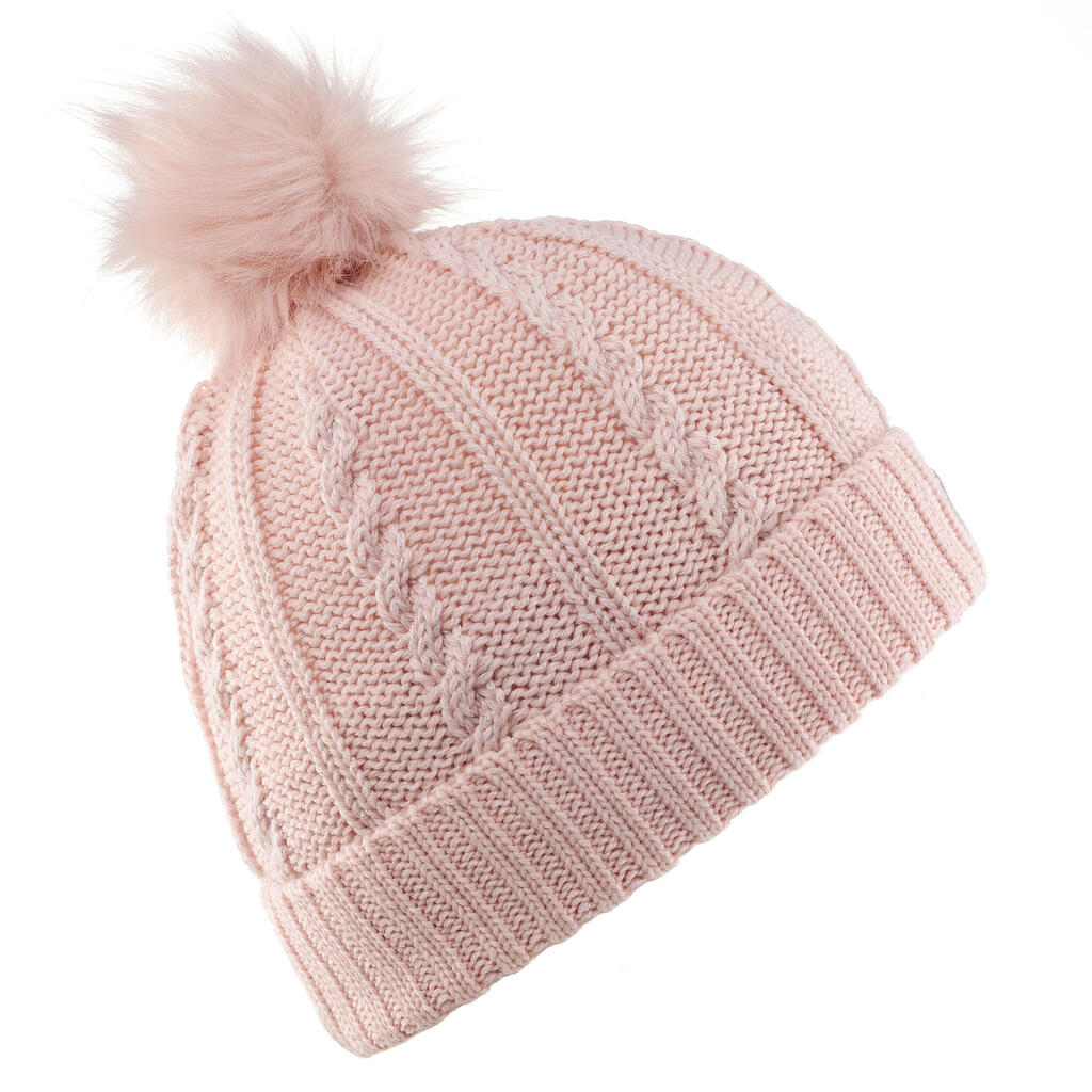 WOMEN’S CABLE-KNIT FUR WOOL SKI HAT BEIGE