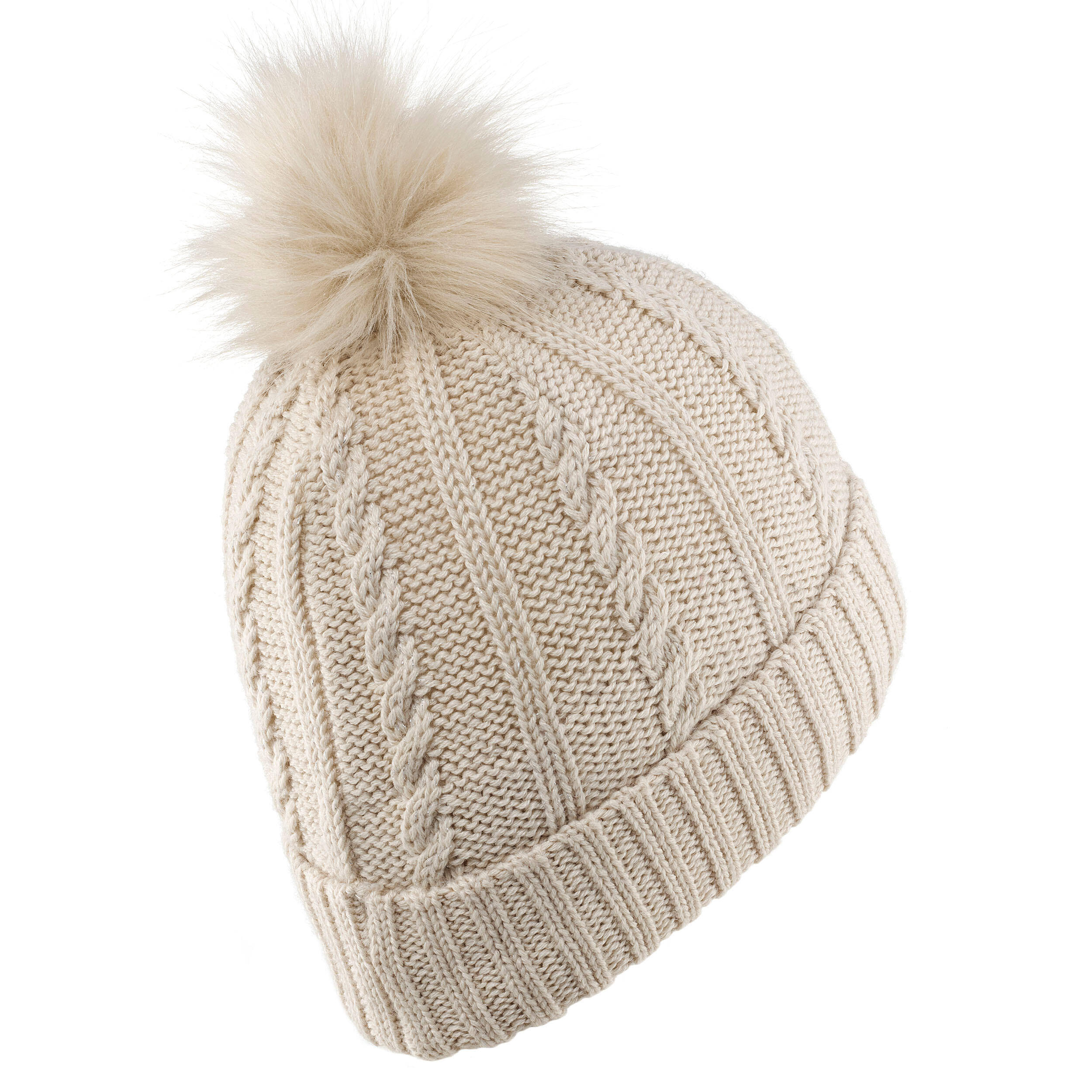 WOMEN’S CABLE-KNIT FUR WOOL SKI HAT BEIGE -  2