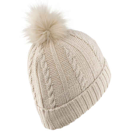 WOMEN’S CABLE-KNIT FUR WOOL SKI HAT BEIGE