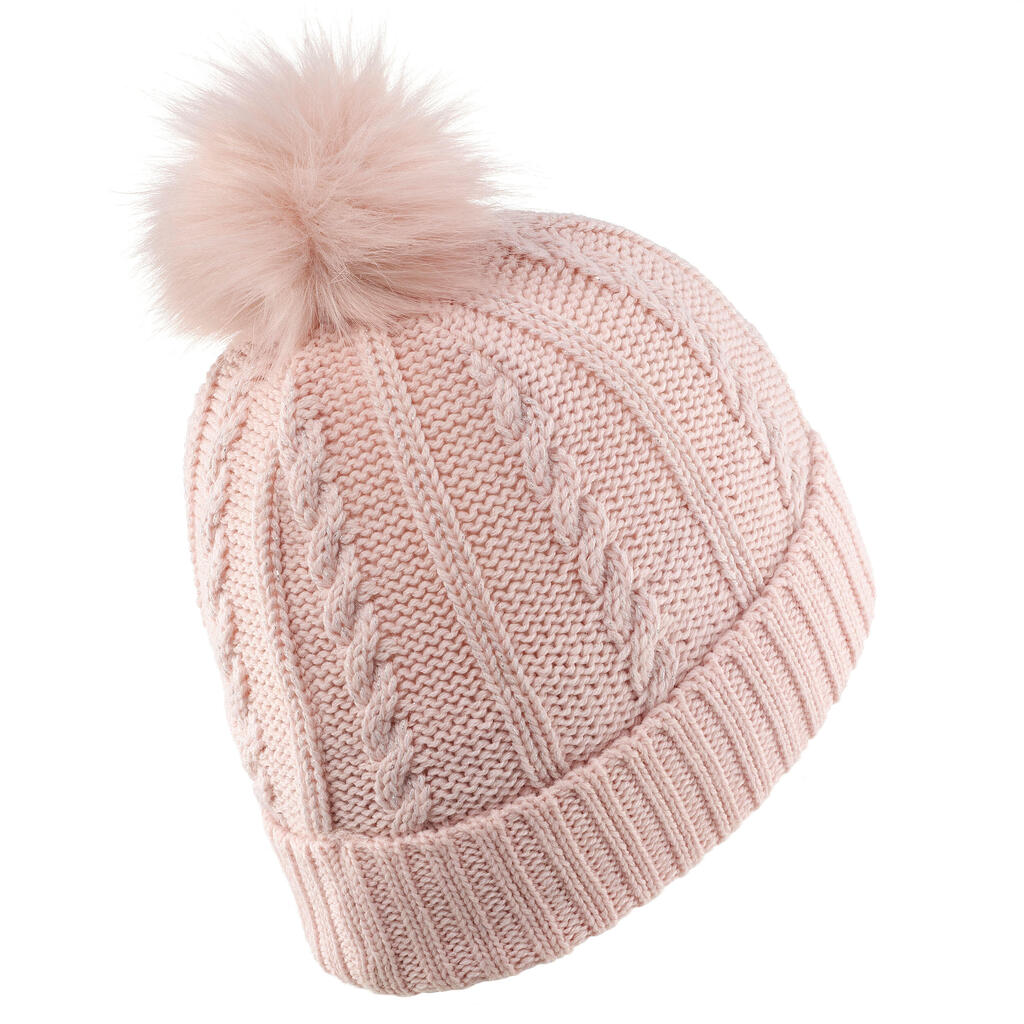 WOMEN’S CABLE-KNIT FUR WOOL SKI HAT BEIGE