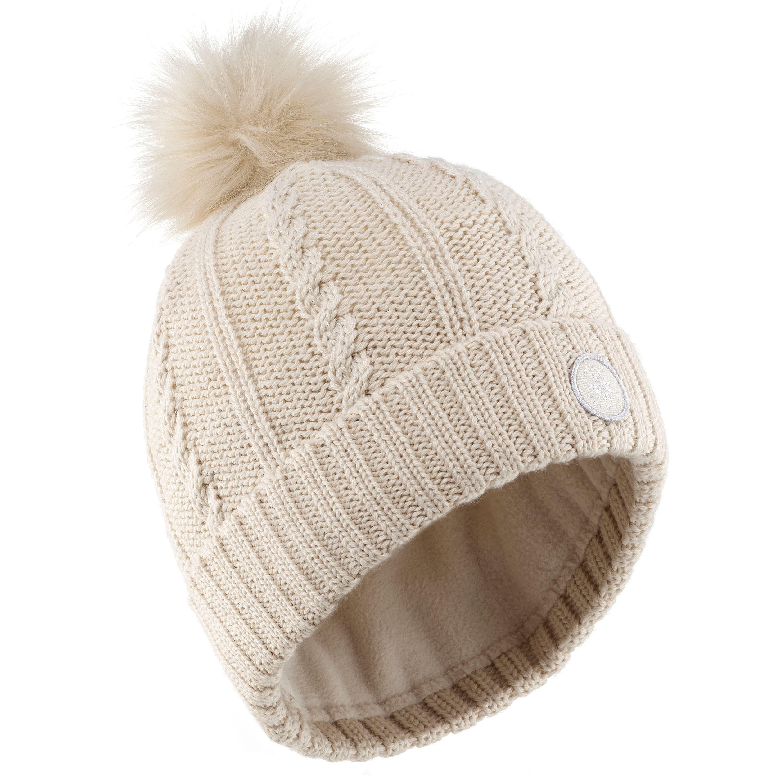 CABLE-KNIT FUR WOOL SKI HAT BEIGE 