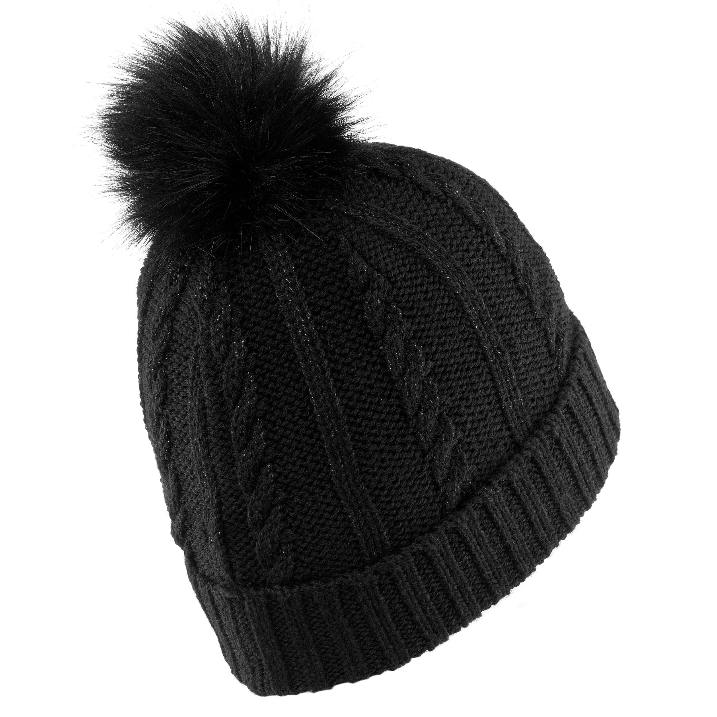 Women's Ski Cable-Knit Faux-Fur Wool Hat - Black - WEDZE