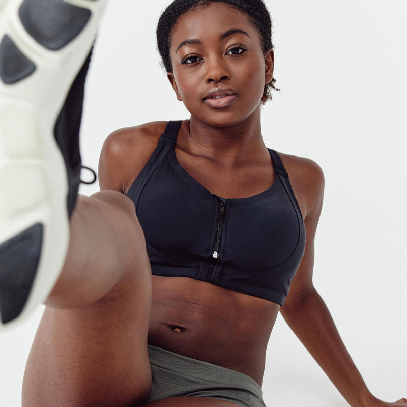 Sportbeha met rits en dubbele ondersteuning voor hardlopen dames zwart
