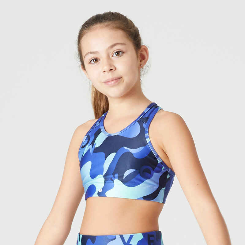 Sport-Bustier atmungsaktiv S500 Gym Mädchen blau mit Print Sport-Bustier atmungsaktiv S500 Gym Mädchen blau mit Print