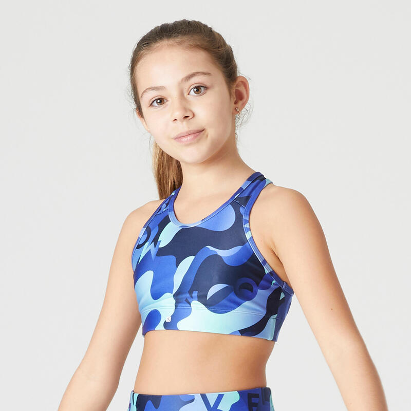 Top Sujetador Deportivo Niña transpirable S500 GIMNASIA Azul Marino y Claro
