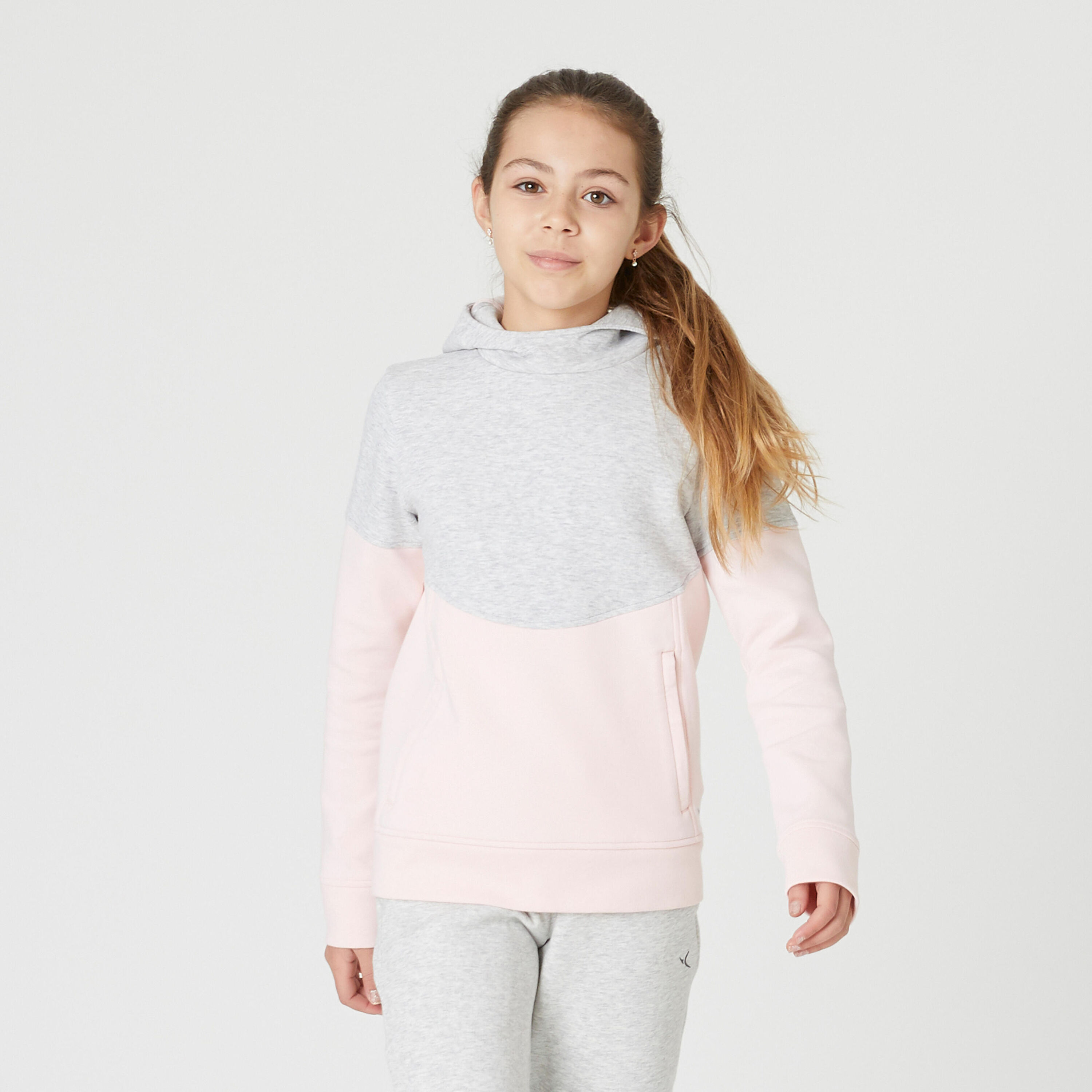 DOMYOS Kids' Breathable Cotton Hoodie 500 - Heathered Light Grey/Pink