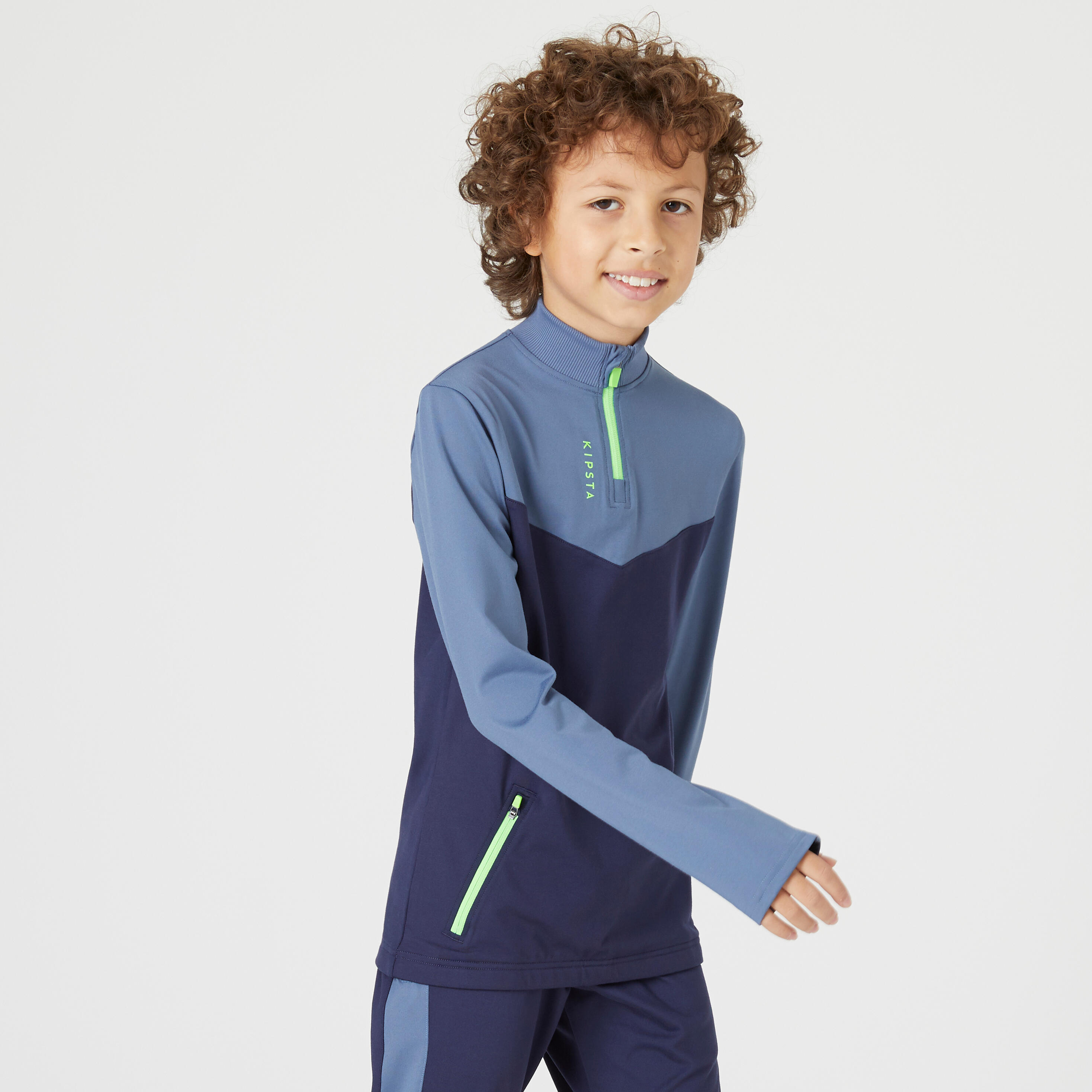 Kids' 1/2 Zip Football Training Sweatshirt T500 - Grey/Navy/Green 2/9