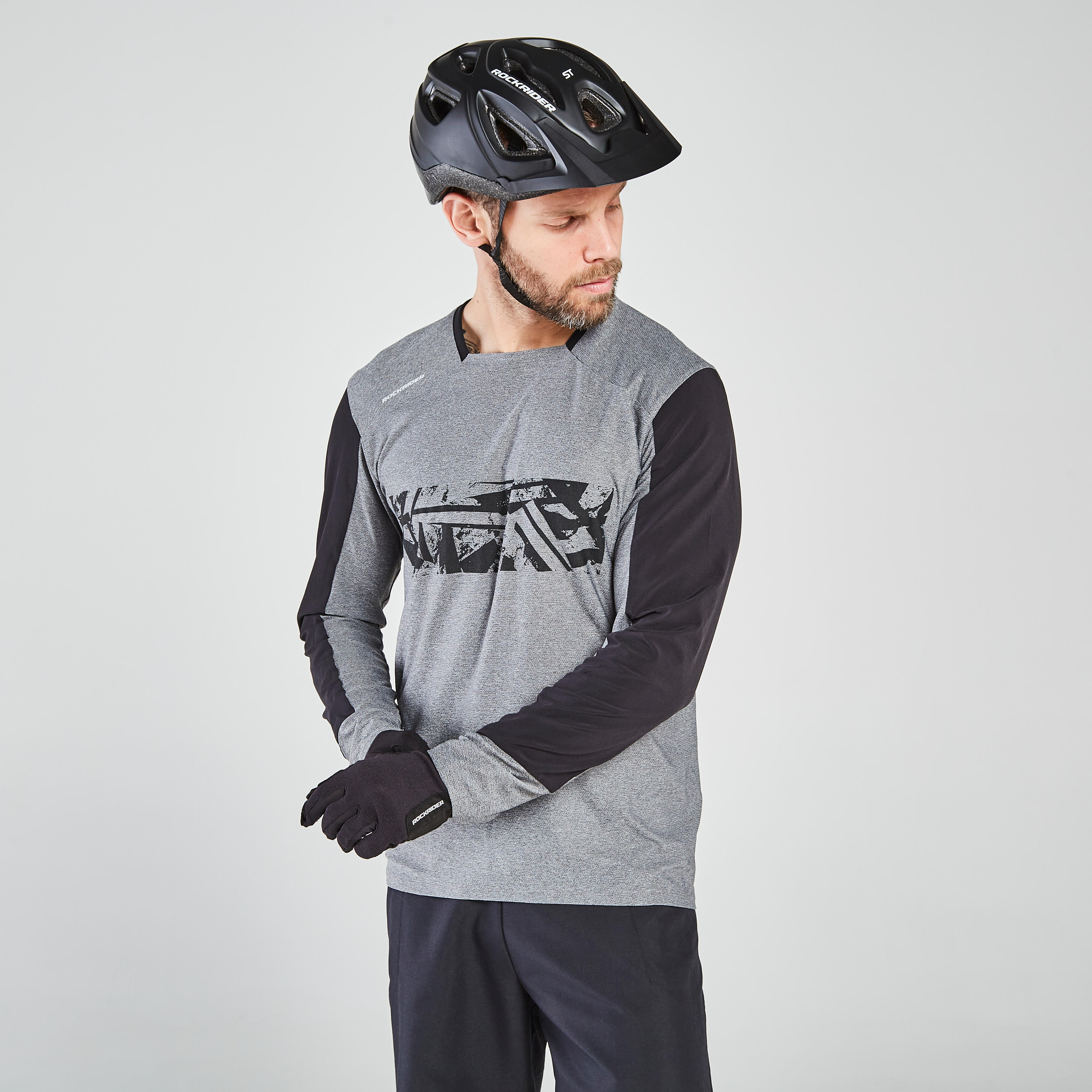 Men Mountain Bike Long Sleeve Jersey Rockrider ST 100 Grey