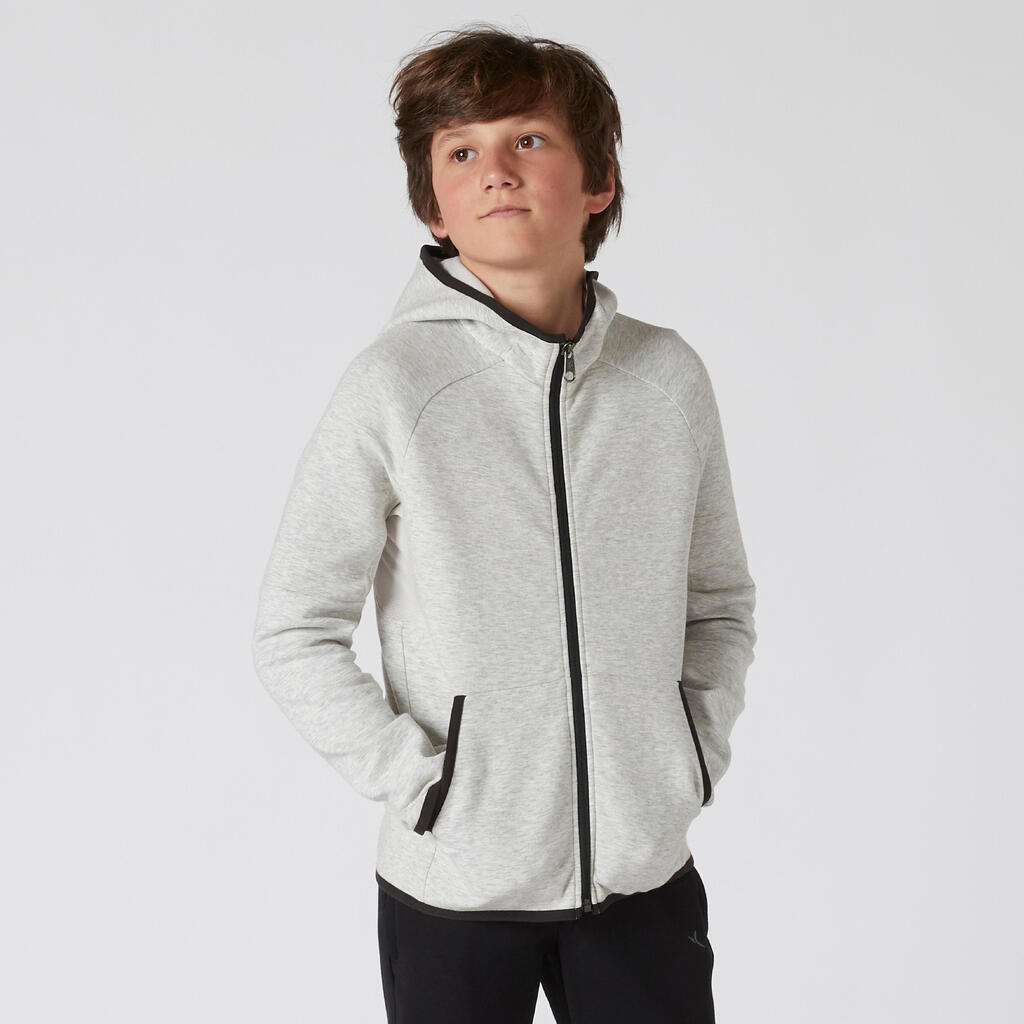 Boys' Warm Breathable Cotton Hooded Gym Jacket 500 - Grey