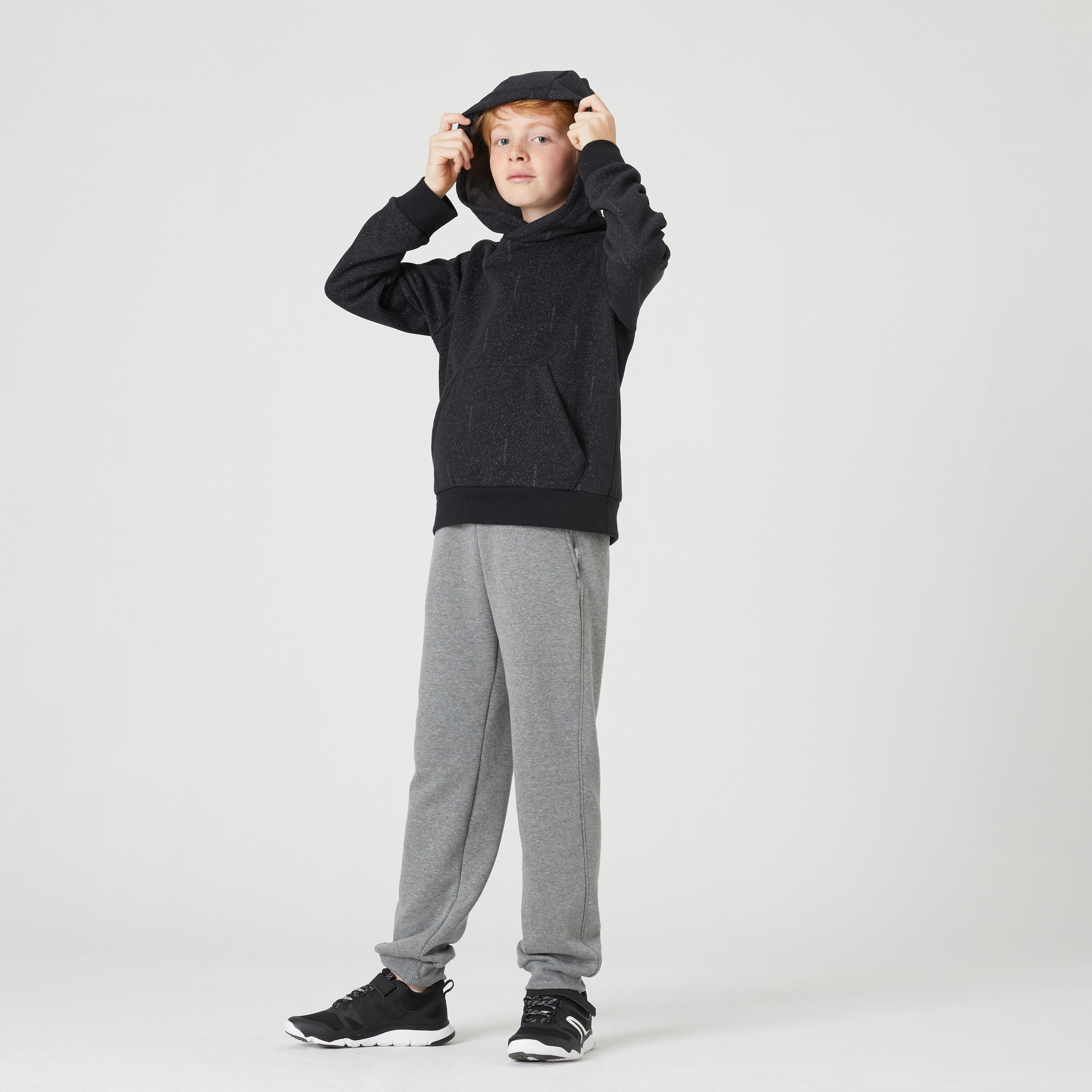 Felpa bambino ginnastica 500 con cappuccio pesante nera stampata 9/10