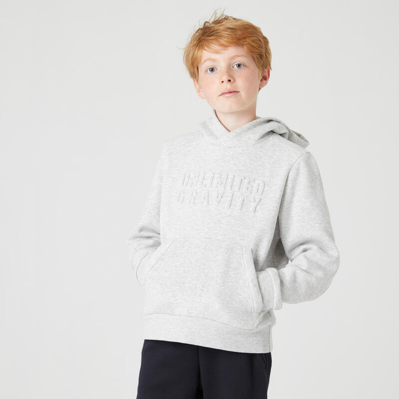Warme hoodie voor kinderen 500 gemêleerd lichtgrijs met opdruk