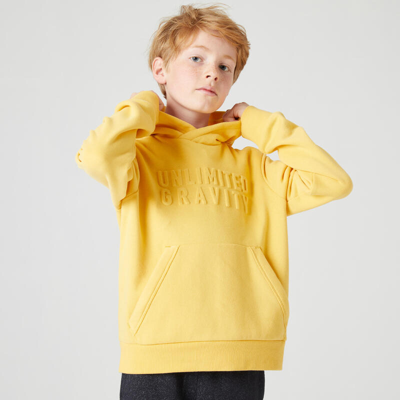 Warme hoodie voor kinderen 500 geel met opdruk