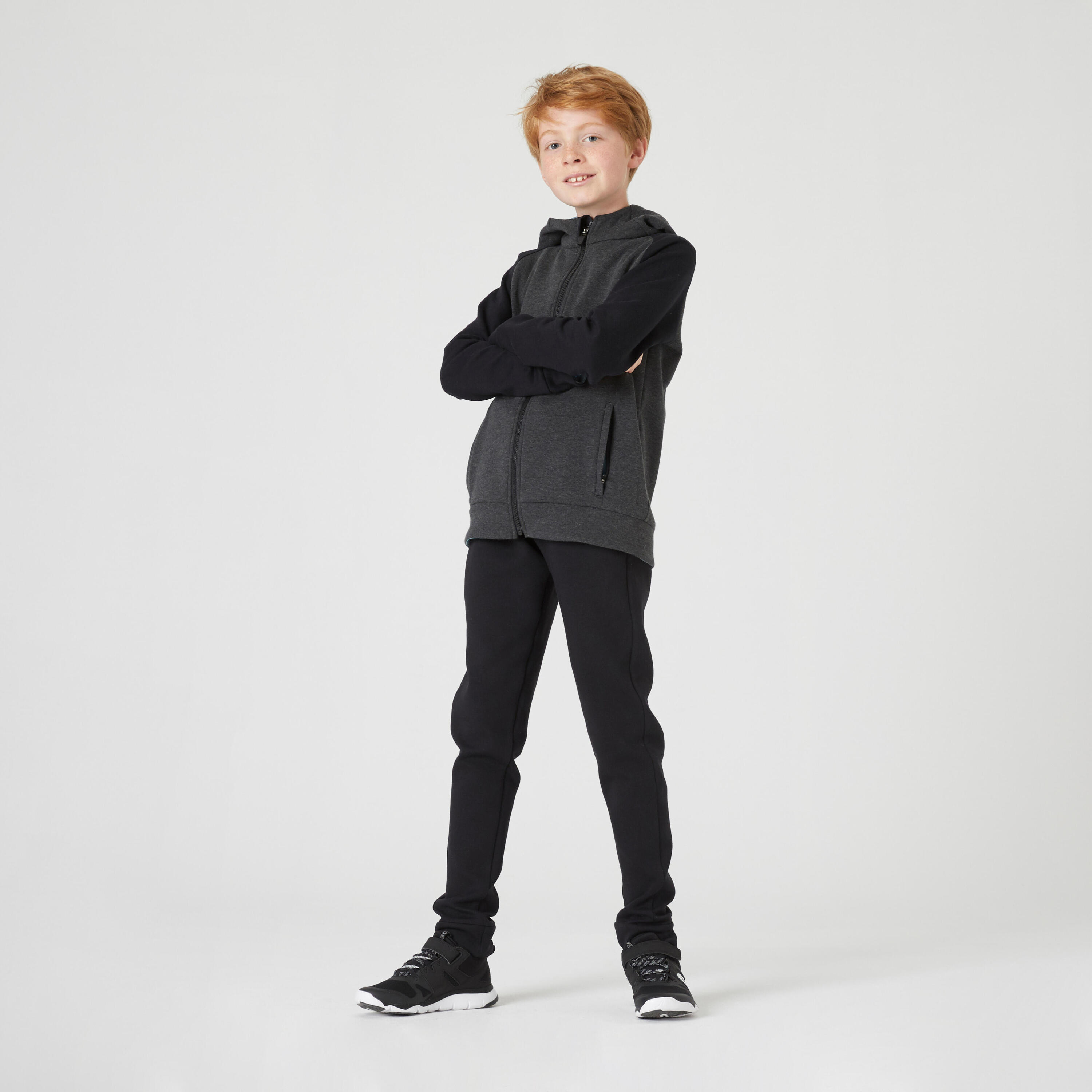 Kids' Breathable Cotton Zip-Up Hoodie 900 - Medium and Dark Grey Marl 6/13