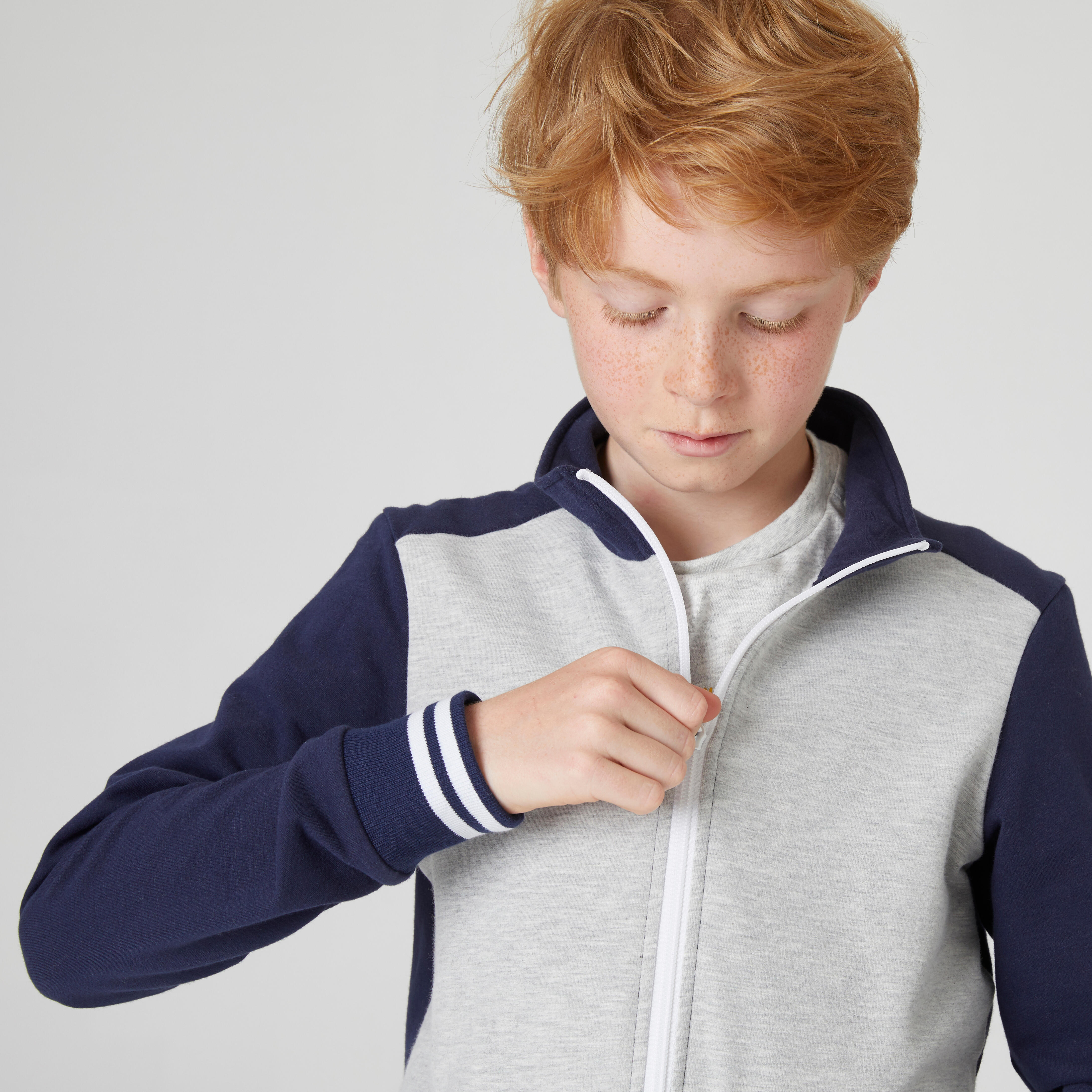 Kids Warm Tracksuit 500 Grey/Navy Jacket, Navy Bottoms