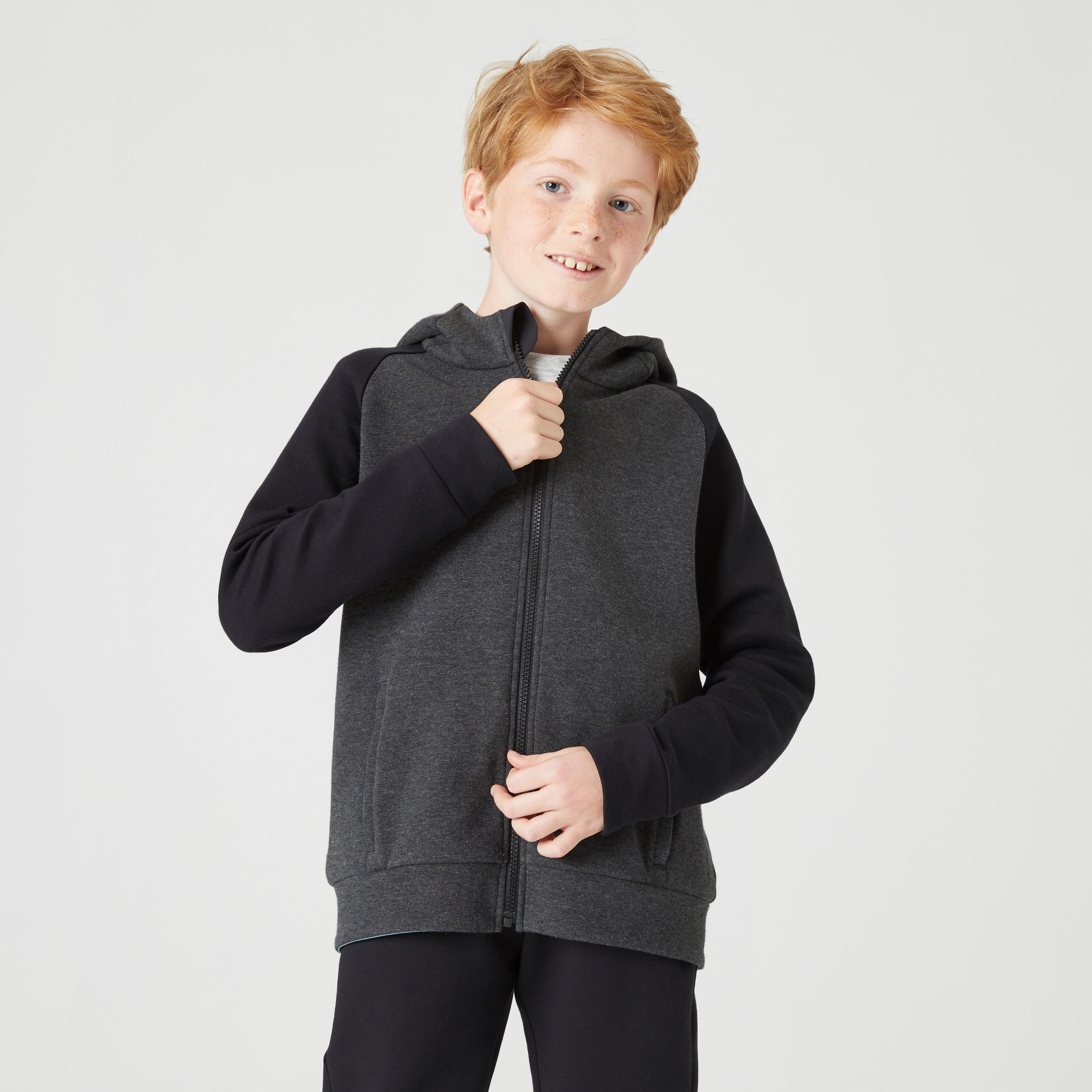 Children's breathable cotton hooded zip sweatshirt - 900 medium and dark mottled grey