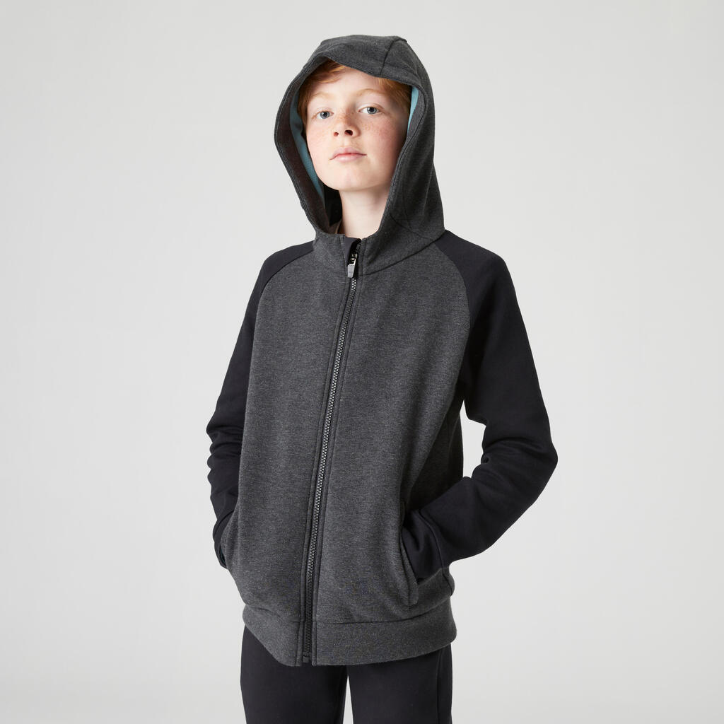 Kids' breathable cotton zip-up hoodie 900 - medium and dark grey marl