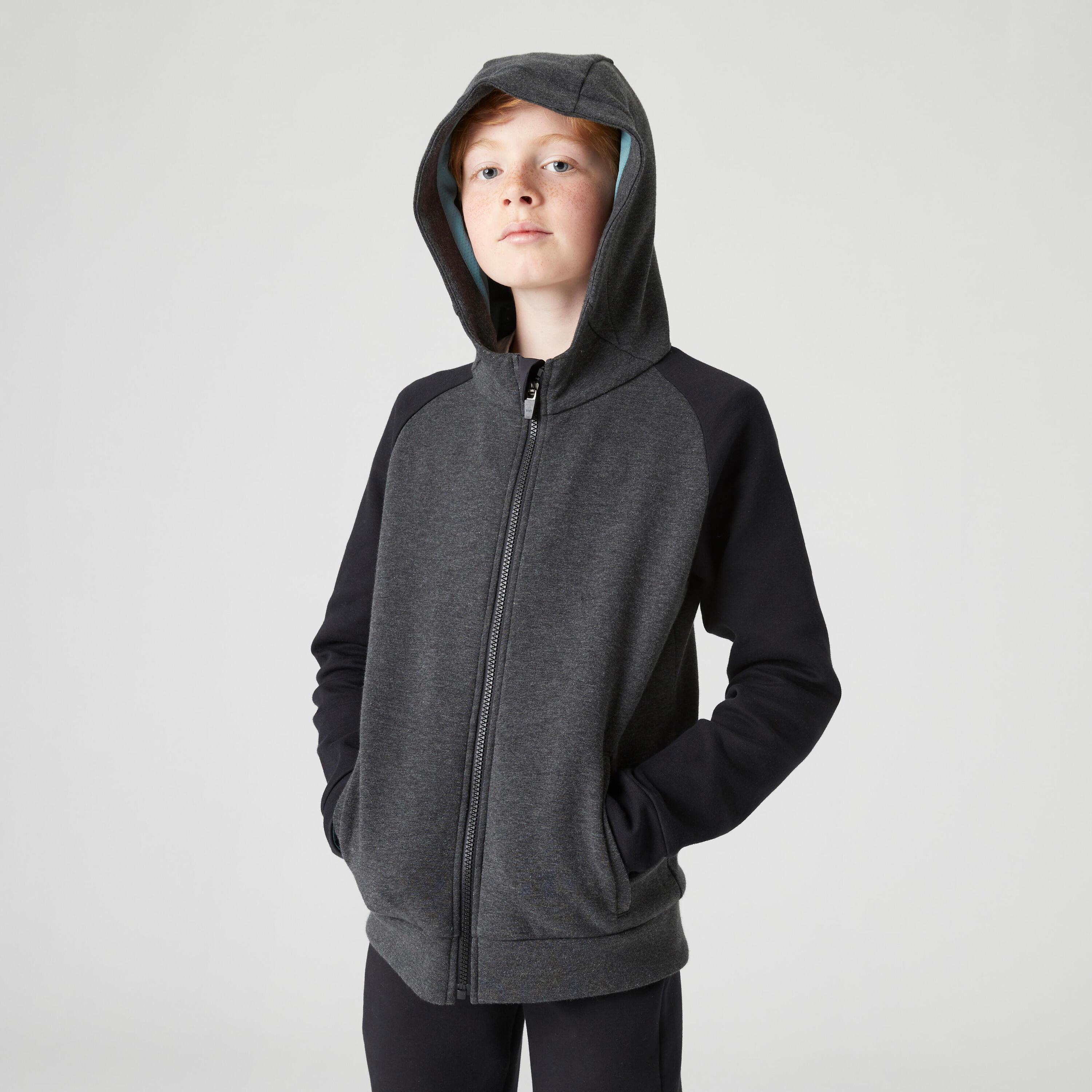 Kids' Breathable Cotton Zip-Up Hoodie 900 - Medium and Dark Grey Marl 1/13